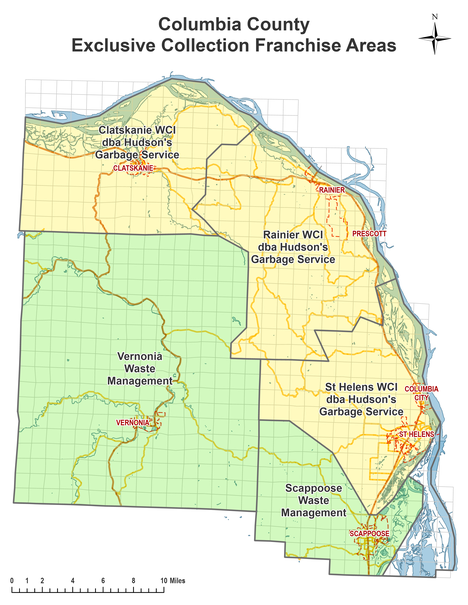 Map with yellow areas for Waste Connections collection area and green for Waste Management collection area